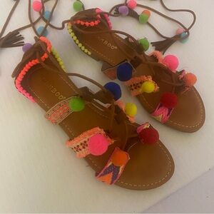 BAMBOO Brown Sandals with Colorful Pom Poms 6 GUC